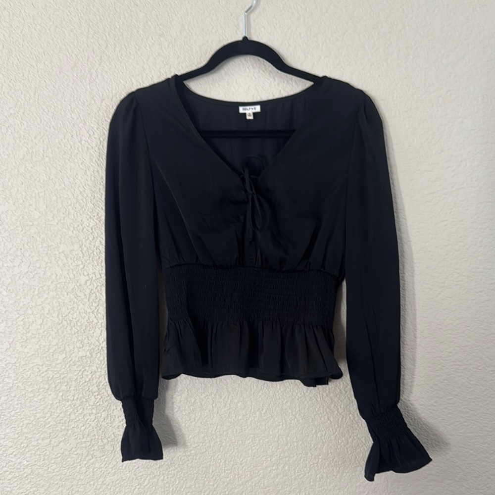 Black Bell Sleeve Peplum Blouse with Tie Front